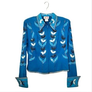 Western Collection Styles Horse Show Rodeo Shirt Embellished Turquoise Blue XL